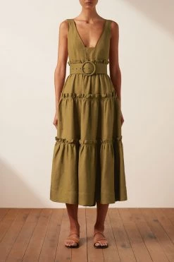 Shona Joy DRESSES RUBI LINEN TIERED MIDI DRESS - CUMIN