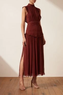 Shona Joy SAFIRA HIGH NECK MIDI DRESS - SANGRIA BEST SELLERS