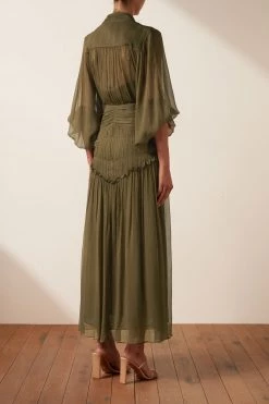 Shona Joy IRIS BUTTON UP RUCHED MIDI DRESS - CUMIN