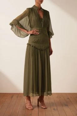 Shona Joy IRIS BUTTON UP RUCHED MIDI DRESS - CUMIN