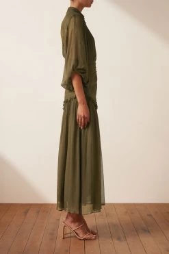 Shona Joy IRIS BUTTON UP RUCHED MIDI DRESS - CUMIN