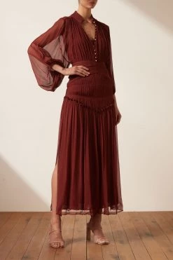 Shona Joy BEST SELLERS SAFIRA BUTTON UP RUCHED MIDI DRESS - SANGRIA