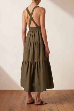 Shona Joy JULIANA LINEN PLUNGED CROSS BACK MIDI DRESS - FOREST
