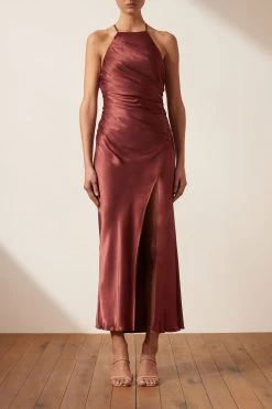 Shona Joy THALIA GATHERED SQUARE NECK BIAS MIDI DRESS - SANGRIA