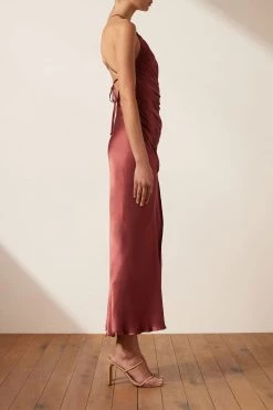 Shona Joy THALIA GATHERED SQUARE NECK BIAS MIDI DRESS - SANGRIA