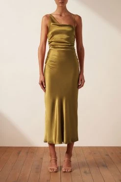 Shona Joy GIORGIA ASYMMETRICAL BIAS COWL MIDI DRESS - OLIVE OIL DRESSES