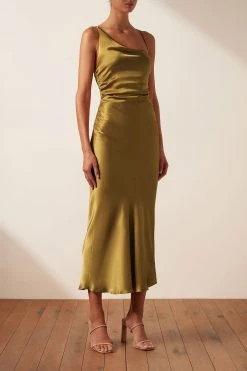 Shona Joy GIORGIA ASYMMETRICAL BIAS COWL MIDI DRESS - OLIVE OIL DRESSES