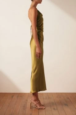 Shona Joy GIORGIA ASYMMETRICAL BIAS COWL MIDI DRESS - OLIVE OIL DRESSES