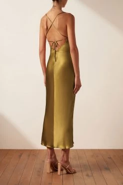 Shona Joy GIORGIA ASYMMETRICAL BIAS COWL MIDI DRESS - OLIVE OIL DRESSES