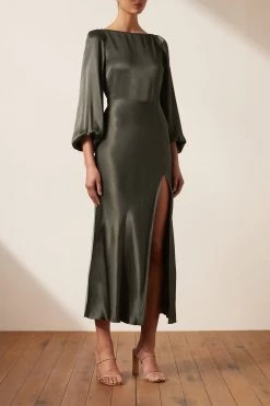 Shona Joy DRESSES LA LUNE BALLOON SLEEVE BACKLESS MIDI DRESS - OLIVE