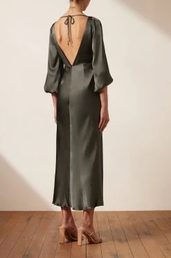 Shona Joy DRESSES LA LUNE BALLOON SLEEVE BACKLESS MIDI DRESS - OLIVE