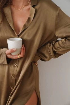 Shona Joy LA LUNE LOUNGE SHIRT DRESS - WARM OLIVE