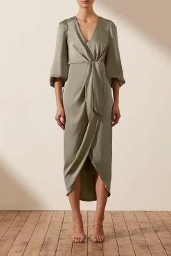 Shona Joy LUXE TIE FRONT BALLOON SLEEVE MIDI DRESS - EUCALYPTUS DRESSES