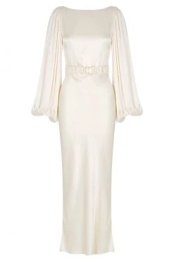 Shona Joy LA LUNE BALLOON SLEEVE MIDI DRESS WITH BELT - CREAM DRESSES