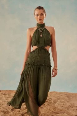 Shona Joy SAFIRA HIGH NECK CUT OUT MIDI DRESS - OLIVE