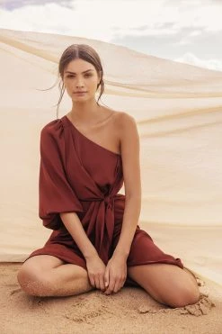 Shona Joy LUXE TIE FRONT ONE SHOULDER DRESS - SANGRIA