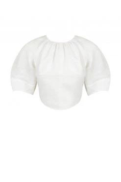 Shona Joy MAYA LINEN BALLOON SLEEVE LACE BACK TOP - IVORY TOPS