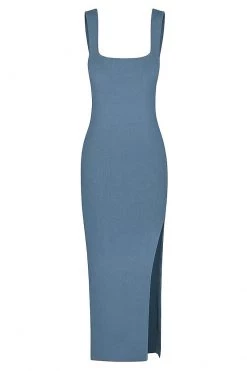 Shona Joy BASIC SQUARE NECK MIDI DRESS - BLUE SMOKE DRESSES