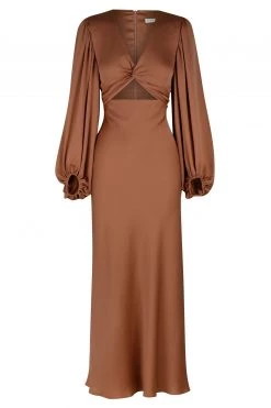 Shona Joy DRESSES LUXE TWIST FRONT BALLOON SLEEVE MIDI DRESS - MOCHA