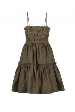 Shona Joy BRUNA LINEN SHIRRED TIERED MINI DRESS - FOREST DRESSES