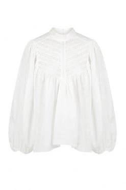 Shona Joy LOLA LINEN HIGH NECK BALLOON SLEEVE BLOUSE - RICE