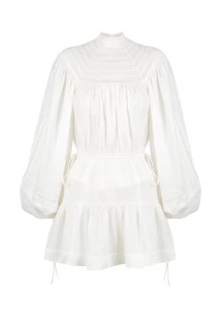 Shona Joy LOLA LINEN HIGH NECK BALLOON SLEEVE MINI DRESS - RICE