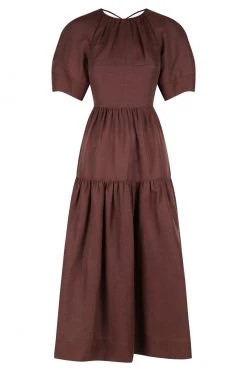 Shona Joy DRESSES MARLENE LINEN SHORT SLEEVE OPEN BACK MIDI DRESS - CHOCOLATE