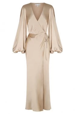Shona Joy LA LUNE FULL SLEEVE WRAP MIDI DRESS - GOLD DRESSES