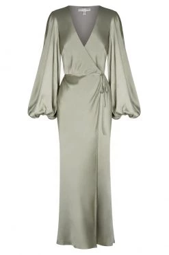 Shona Joy LA LUNE FULL SLEEVE WRAP MIDI DRESS - SAGE