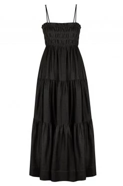 Shona Joy BRUNA LINEN OPEN BACK SHIRRED MIDI DRESS - BLACK