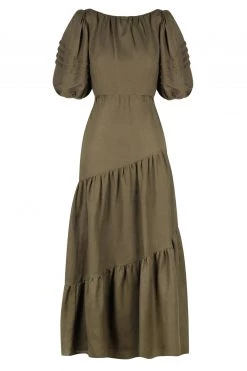 Shona Joy JULIANA LINEN SHORT SLEEVE OPEN BACK MIDI DRESS - FOREST DRESSES