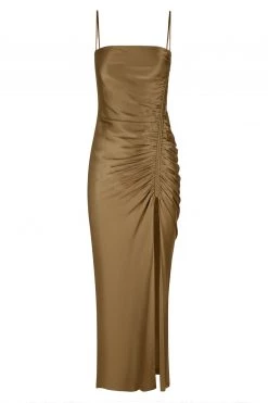 Shona Joy THALIA BIAS RUCHED MIDI DRESS - CUMIN