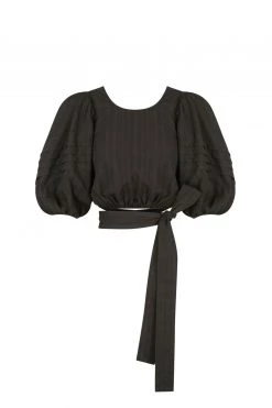 Shona Joy ELLA SHORT SLEEVE TIE BACK CROP TOP - COAL TOPS