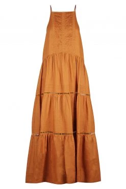 Shona Joy JOANA LINEN PIN TUCK SLEEVELESS MAXI DRESS - RUST DRESSES