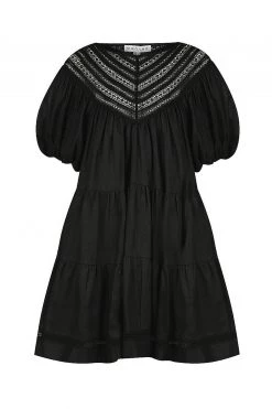 Shona Joy ADRIANA LINEN SHORT SLEEVE TIERED MINI DRESS - BLACK