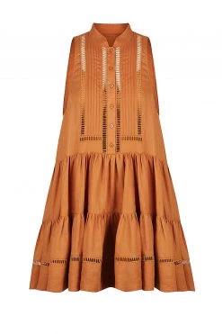 Shona Joy JOANA LINEN PIN TUCK SLEEVELESS MINI DRESS - RUST DRESSES