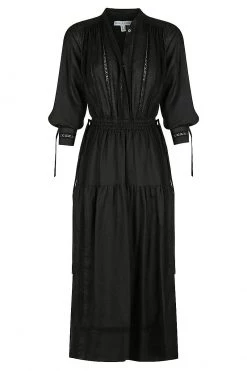 Shona Joy ADRIANA LINEN LONG SLEEVE MIDI DRESS - BLACK