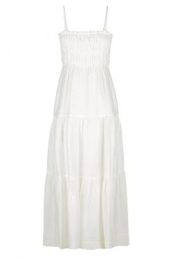 Shona Joy BRUNA LINEN OPEN BACK SHIRRED MIDI DRESS - IVORY
