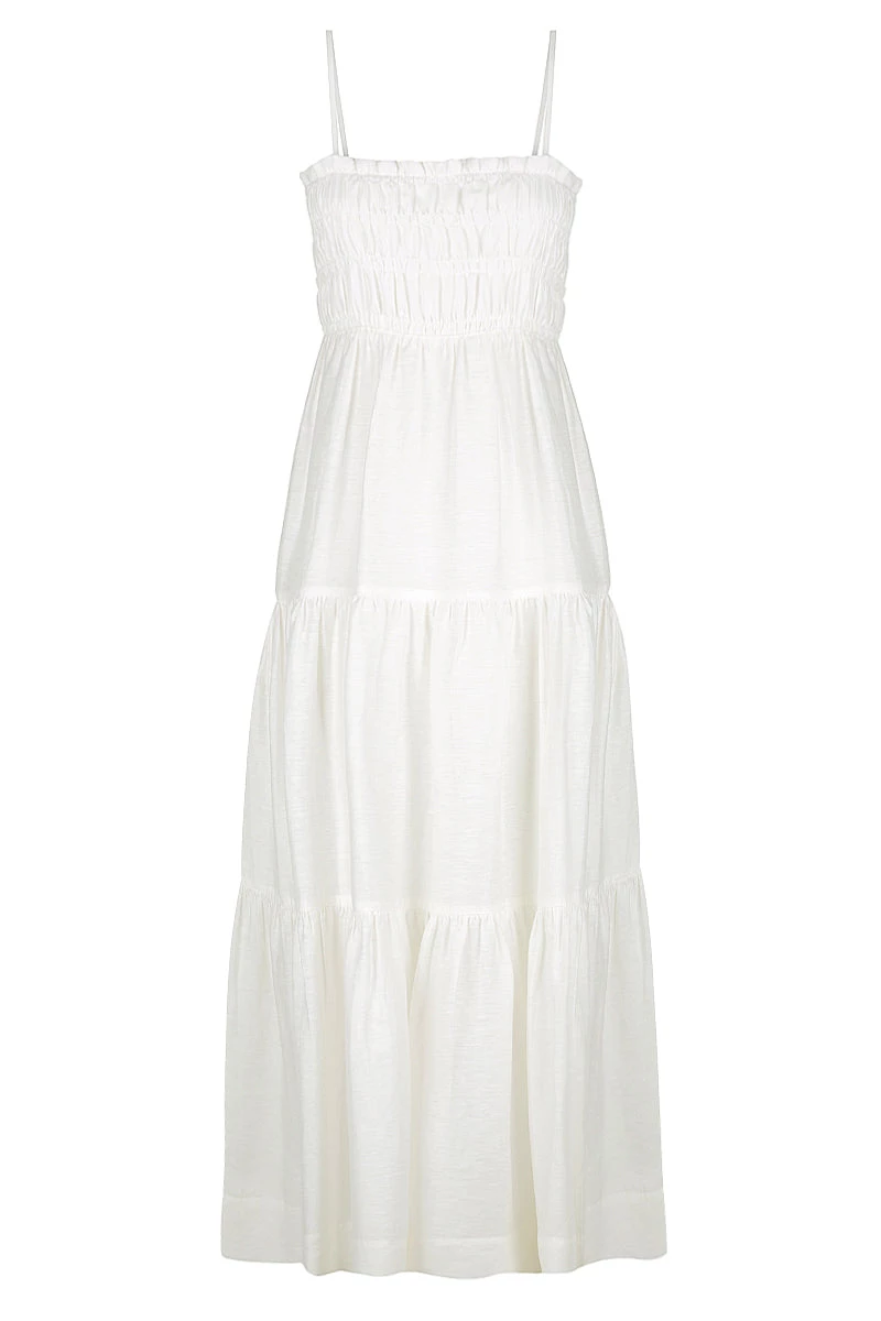 Shona Joy BRUNA LINEN OPEN BACK SHIRRED MIDI DRESS - IVORY 1 Shona Joy BRUNA LINEN OPEN BACK SHIRRED MIDI DRESS - IVORY