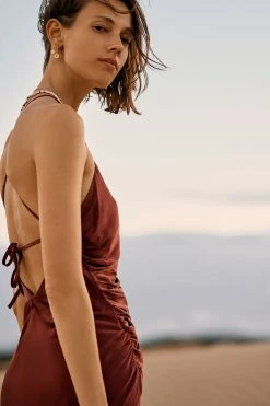 Shona Joy THALIA GATHERED SQUARE NECK BIAS MIDI DRESS - SANGRIA