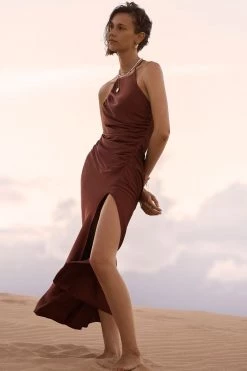 Shona Joy THALIA GATHERED SQUARE NECK BIAS MIDI DRESS - SANGRIA