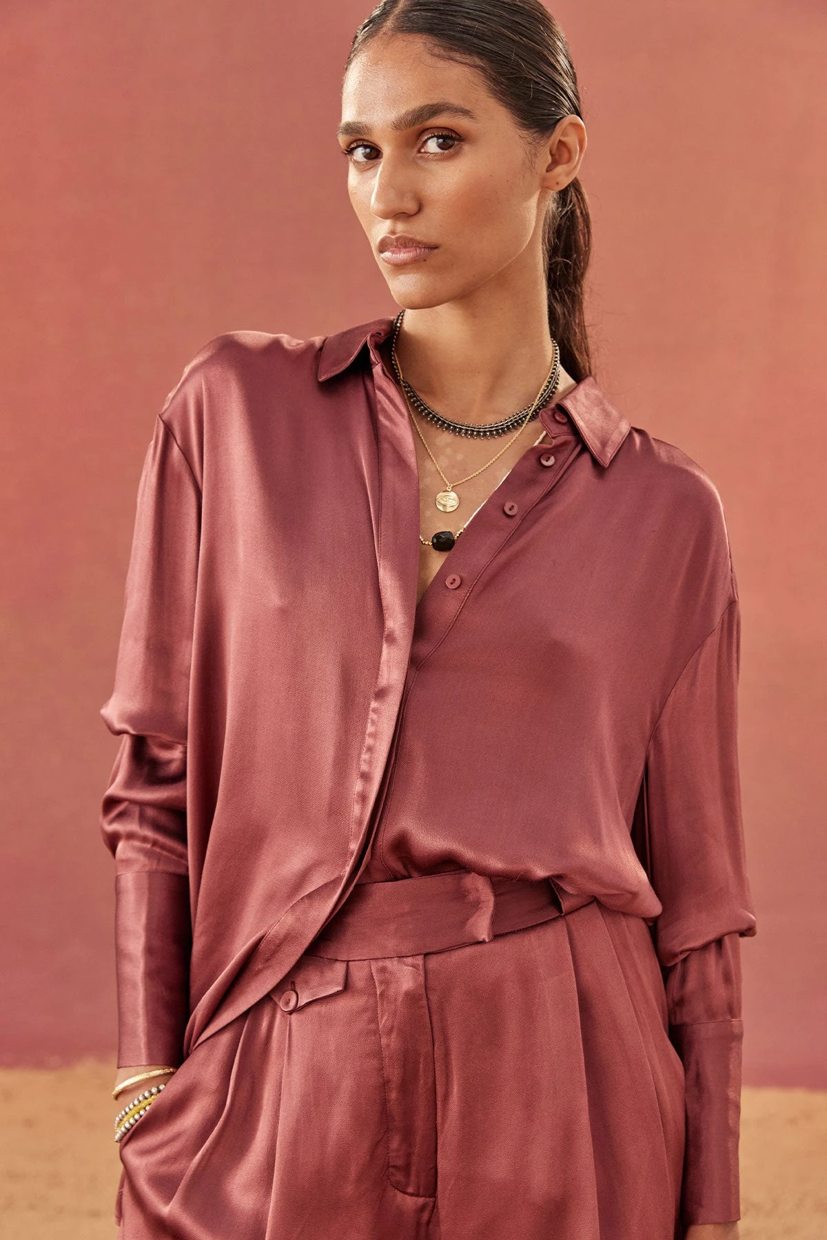 Shona Joy TOPS THALIA TUXEDO SHIRT - SANGRIA 2 Shona Joy TOPS THALIA TUXEDO SHIRT - SANGRIA