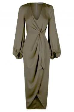 Shona Joy LUXE TIE FRONT BALLOON SLEEVE MIDI DRESS - PINE DRESSES