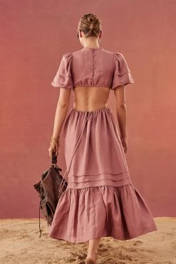 Shona Joy VEGA LINEN CUT OUT OPEN BACK MIDI DRESS - ROSE