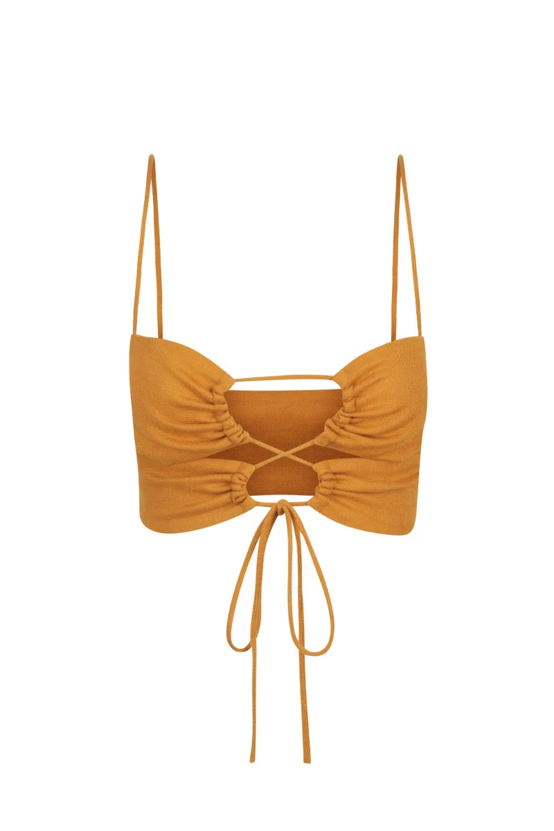 Shona Joy TOPS ARIA LINEN LACE UP BRALETTE - TURMERIC 1 Shona Joy TOPS ARIA LINEN LACE UP BRALETTE - TURMERIC