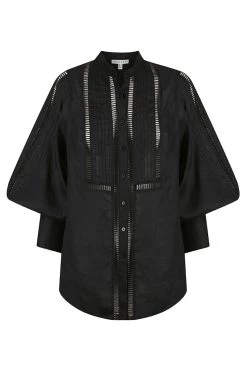 Shona Joy ARIELLA LINEN PIN TUCK TUXEDO SHIRT - BLACK