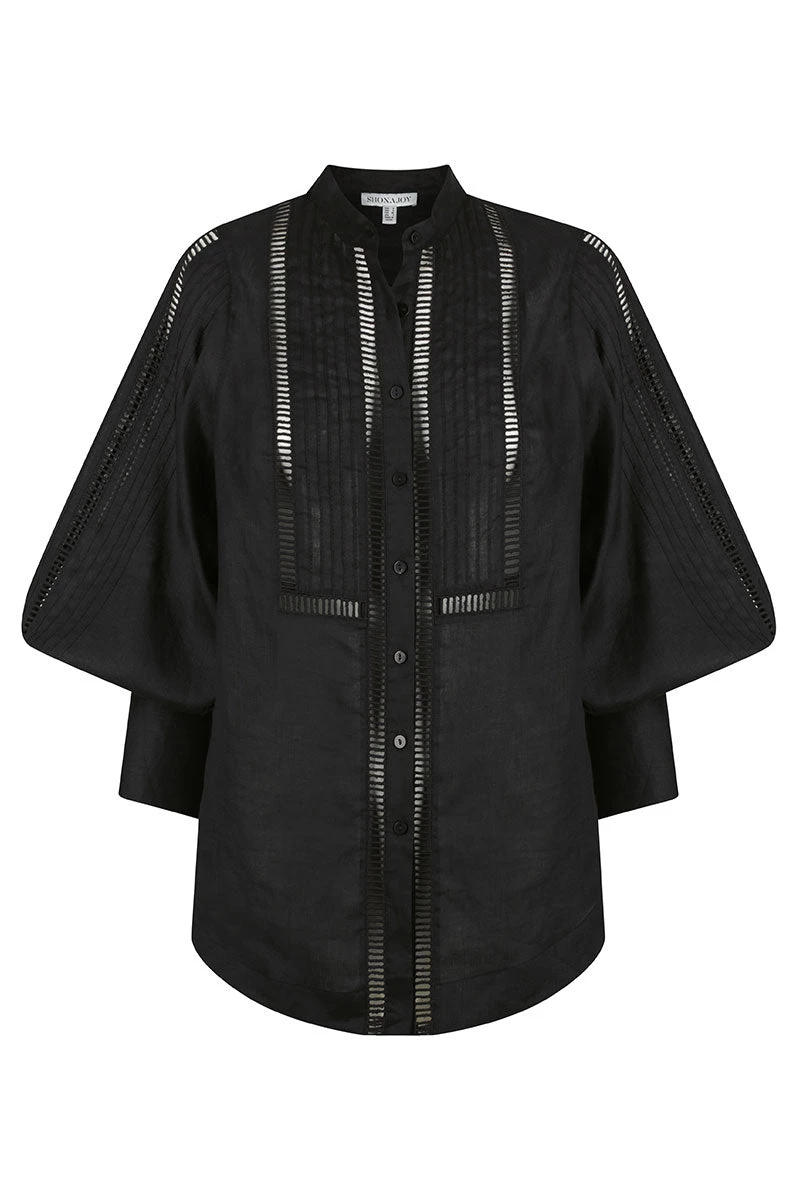 Shona Joy ARIELLA LINEN PIN TUCK TUXEDO SHIRT - BLACK 1 Shona Joy ARIELLA LINEN PIN TUCK TUXEDO SHIRT - BLACK