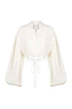 Shona Joy BRIGITTE LINEN CROPPED DRAWSTRING SHIRT - TOFU TOPS