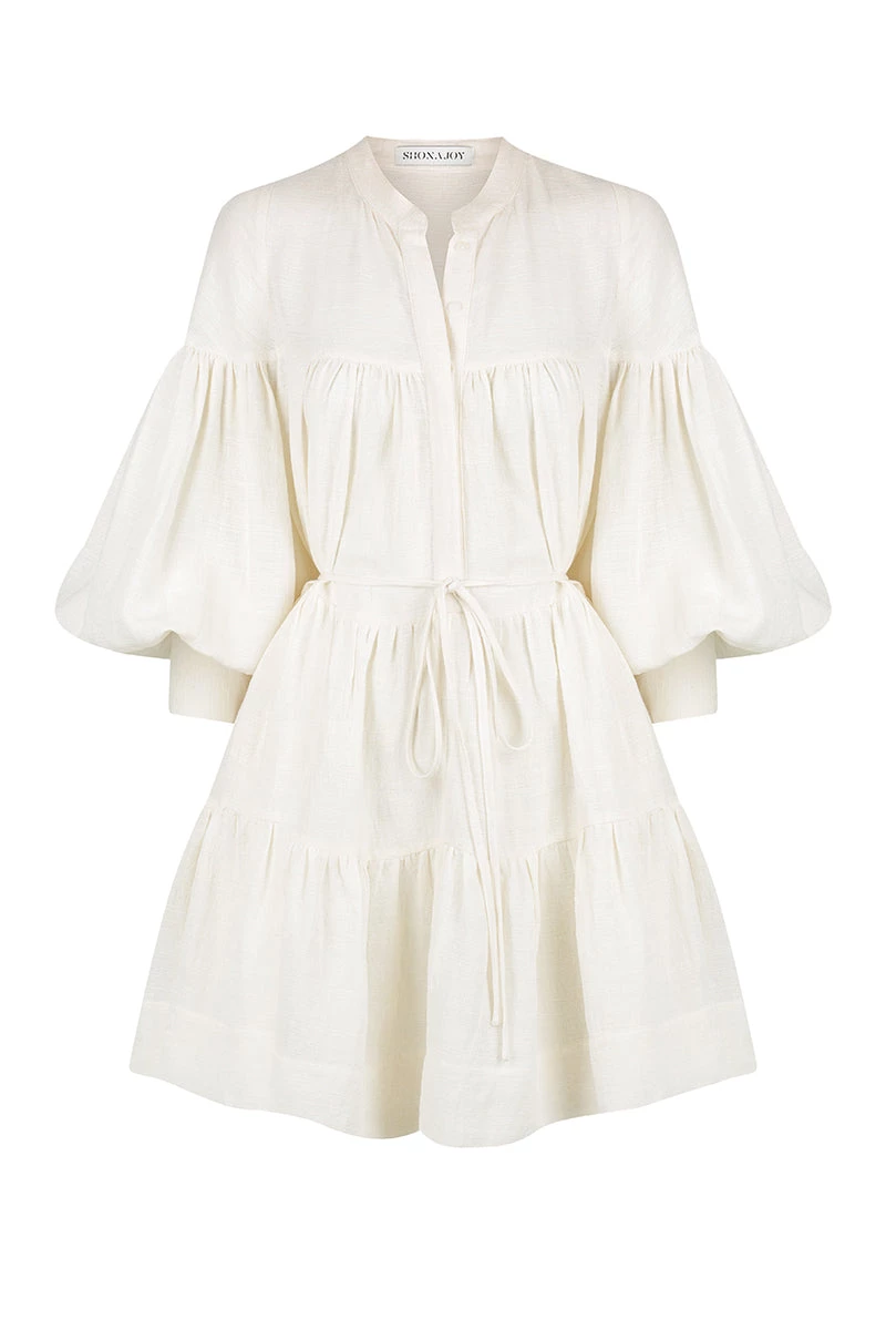 Shona Joy BRIGITTE LINEN TIERED MINI DRESS - TOFU 1 Shona Joy BRIGITTE LINEN TIERED MINI DRESS - TOFU