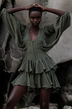 Shona Joy DRESSES CHARLOTTE PLUNGED DRAPED MINI DRESS - KHAKI